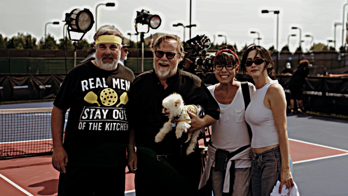 Behind the scenes of Pickleball: The Movie with Jay Dee Walters, Kevin Farley, Natali Jones, Olivia Jude, and Douge the dog